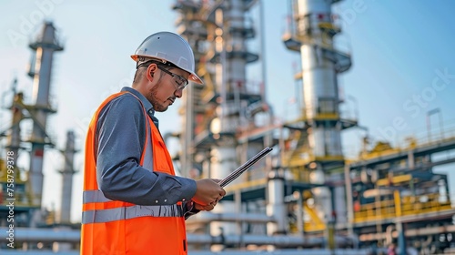 Middle eastern engineer with tablet at oil refinery site under sunlight, earth tones palette.