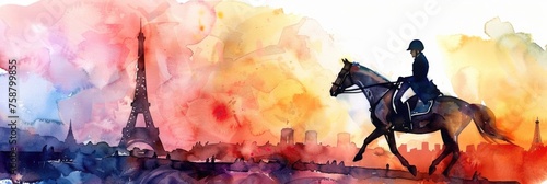 watercolor illustration, the Summer Olympic Games in Paris, equestrian sports, an athlete riding a horse against the background of the Eiffel Tower and a panorama of the city's attractions