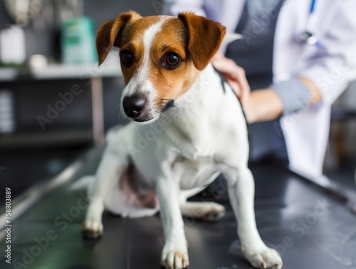 Dog at veterinarian clinic next to professional doctor.