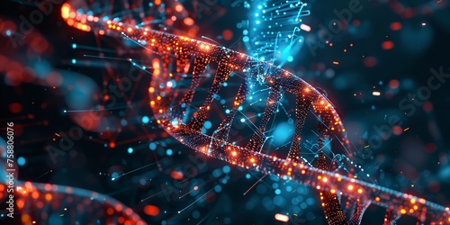 A 3D model of DNA in a dark backdrop with vibrant colors and similar objects in backdrop with space, Generative AI.