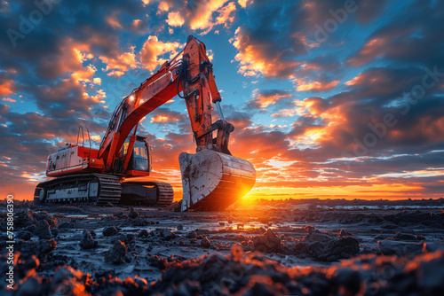 An excavator performs excavation work in a sand quarry against the backdrop of the sunset sky.