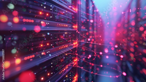A network of servers and data centers connected via fiber optic cables, symbolizing the concept of cloud computing technology and data storage, Cloud computing infrastructure concept