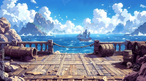 Onboard view of pirate ship wooden deck, boat with cannon, wood boxes, barrel, hold entrance, mast with ropes, lantern, and skull buccaneer flag on rocky seascape background cartoon modern
