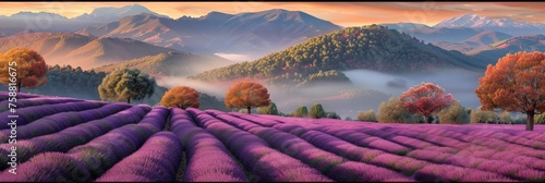 A vibrant painting depicting a lavender field in full bloom with majestic mountains in the distant background, under a clear blue sky