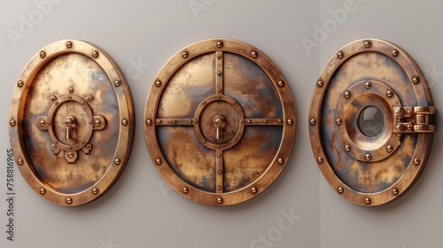 Modern realistic set of 3d closed and open circle golden doors to bunkers, bank safes and vaults isolated on transparent backgrounds.