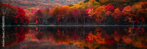 A vibrant autumn landscape with trees ablaze in shades of red, orange, and gold, reflected in the still waters of a lake