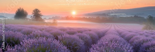 A mesmerizing scene unfolds as the sun dips below the horizon, casting a warm glow over a vast field of blooming lavender flowers