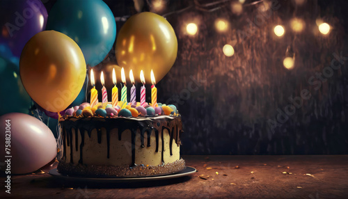 Happy birthday cake with candles, balloons in soft focus background Copy Space