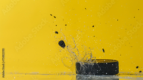 A close-up of a hockey puck in mid-air, struck with force, against a striking yellow background, the details captured with realistic clarity in