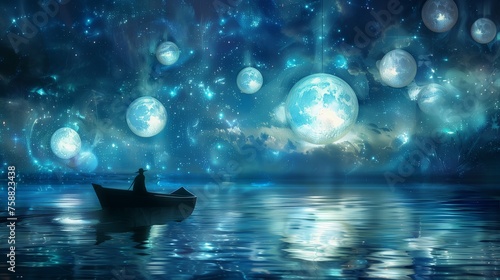 In the tranquil embrace of a moonlit night, a lone figure rows a boat across a sea aglow with the ethereal light of multiple moons.
