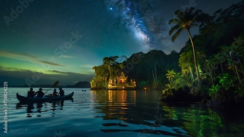 people rowing boat at night on Bali island,