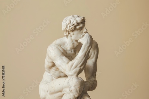 Elegant marble statue in thinking pose on a pastel beige background.