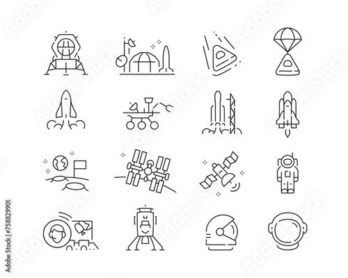 Space Exploration Icon collection containing 16 editable stroke icons. Perfect for logos, stats and infographics. Edit the thickness of the line in Adobe Illustrator (or any vector capable app).