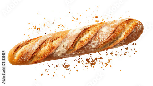 Baguette bread with falling crumbs isolated on transparent background Remove png, Clipping Path, pen tool