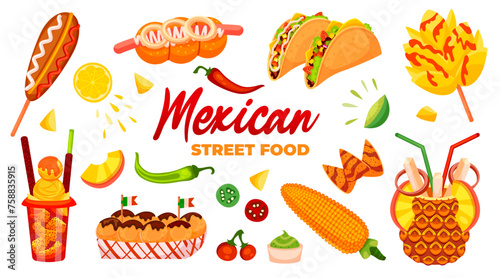 Set of Mexican street food illustrations. Corn dog, mango flower with chamoy sauce and spicy chilli powder, tacos, hot dog, lines, corn, mangonada, tropical cocktail in pineapple fruit.