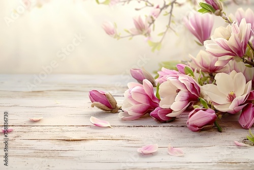 Soft morning light caresses pink magnolia blooms and petals, scattered across an aged wooden surface