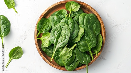 Over a white setting, newly picked spinach stems rest on a wooden cyclic platter for health concern and space, Generative AI.