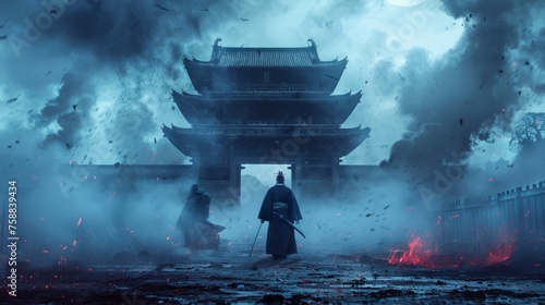 Shadowy Samurai Realm: Abstract horror movie backdrop depicting a mysterious world inhabited by spectral samurai warriors.