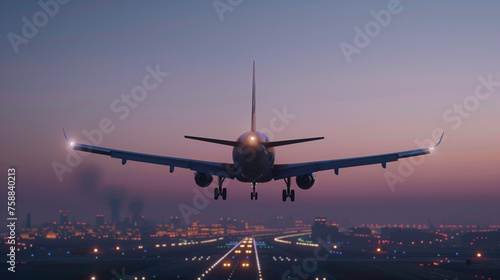 Airplane landing at twilight over city runway lights.