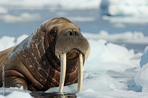 Walrus with huge tusks on a floating ice floe