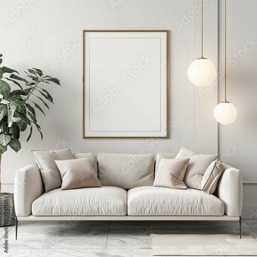  Photo Frame Mockup Design. Modern Apartment Living Room Sofa Background Home Interior for Illustrator