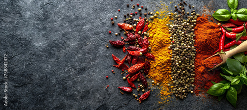 herbs and spices on the dark background, copy space for text