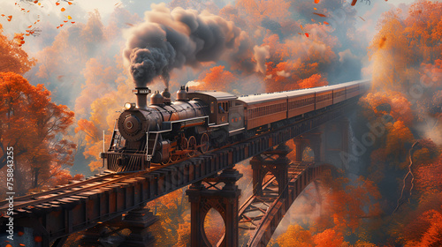 Steam train on bridge. generative ai