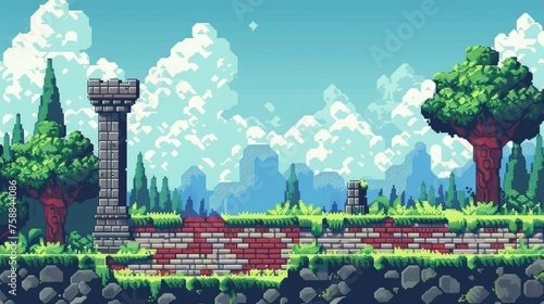 Retro pixel game background with castle tower and trees. Medieval fantasy and adventure video game concept for design and wallpaper