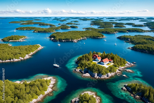 Aerial landscape of archipelago of islands with buildings and houses in Baltic Sea near city of Stockholm with blue sky. Background of amazing natural scenery view of Scandinavian nature. Copy space