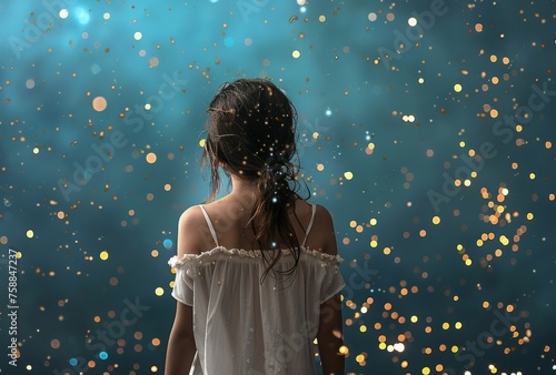 A depressed dishevelled little girl in the rain on a blue bokeh glittery background, back view.