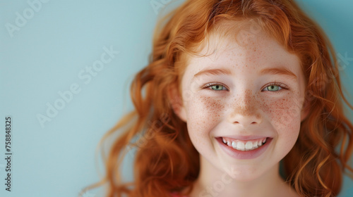 One smiling teeth happy young preteen girl portrait long ginger red wavy hair cute freckles lifestyle oral kid heath wellness campaign child isolated on blank blue pastel background copy space 