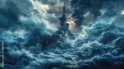 a warship navigating through rough waves and crashing waters, depicted in a wide-screen format with a dominant blue tone.