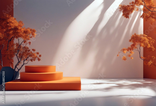 product rendering leaves shadow 3D Orange nature splay podium poduim dais display cosmetic product yellow background sunlight leaf orange three-dimensional sunblock racked nature monstera summer
