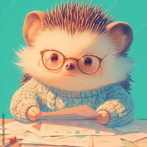 Hedgehog in a cozy knit sweater and reading glasses, enjoying a book amidst the beauty of nature. A heartwarming scene that captures the essence of tranquility and warmth.