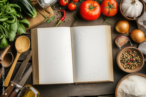 Blank cookbook for recipes with white pages and vegetables