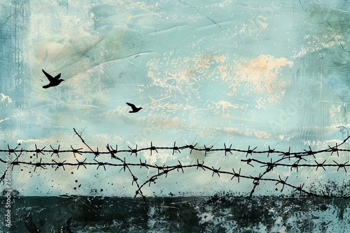 Barbed wire fence, birds flying in the background against a clear blue sky. Concept of the hope of freedom.
