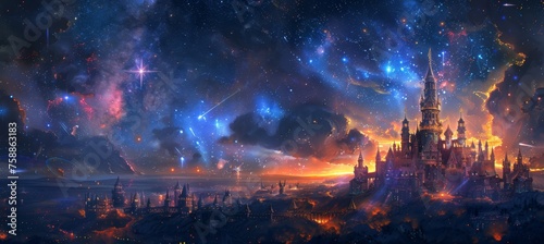 A grand castle under the starry night sky, with vibrant constellations and shooting stars illuminating its spires and towers. 