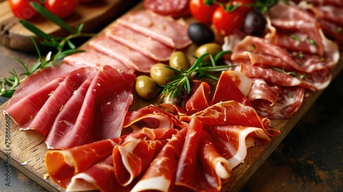 Assortment , sliced meat appetizer, prosciutto, salami and ham, with olives