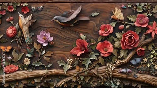 Wystruganie kwiatów i ptaków na drewnianej płycie. Obraz przedstawia scenę związana z wiosną, charakteryzuje się skomplikowanymi detalami i rzeźbieniem w drewnie.