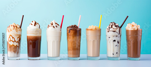 Different flavors of coffee and milkshakes in tall glasses on pastel blue background