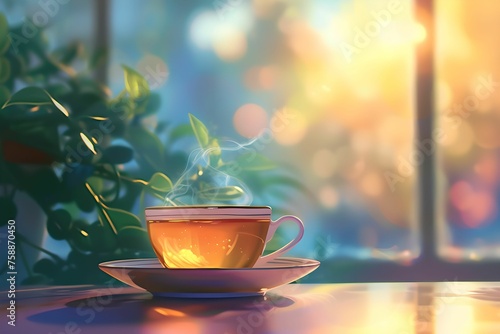 Relaxing Cup of Tea with Blurred Background, steam, peace, tranquility, relaxation