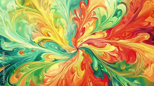 Obraz przedstawia kolorowe, wirujące centrum z intensywnymi barwami farb i wieloma różnymi odcieniami. Kwiat skupia na sobie uwagę swoim bogactwem kolorów i detali.