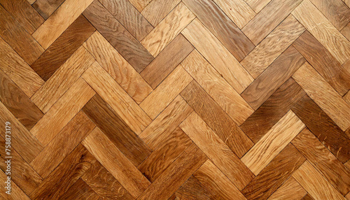 Closeup of a perfect herringbone wooden parquet. Texture and background, top view. Generative Ai.