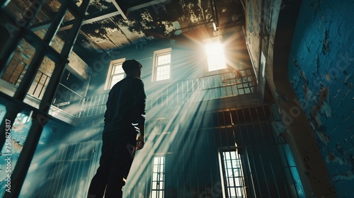 Mężczyzna stoi w strefie celi więziennej, otoczony metalowymi kratami i surowymi ścianami. Wygląda na zamyślonego lub zaniepokojonego, gdy patrzy na promyk nadziei wpadający przez okno.