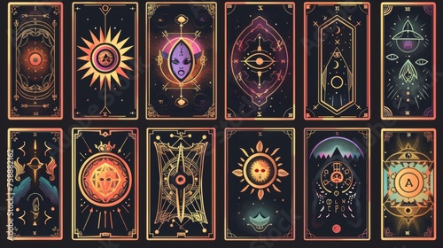 Magic mystic tarot cards design, arcanas. Sacred esoteric symbols, occult celestial spiritual signs, patterns. Divination taro pack with sun, moon, eye. Graphic modern illustration.