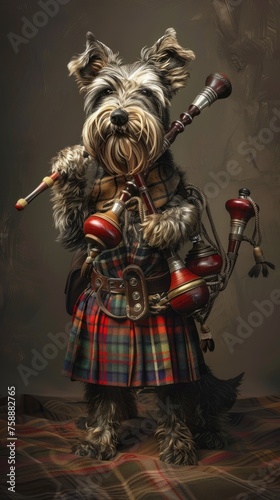 A Scottish Terrier wearing a kilt and playing bagpipes.