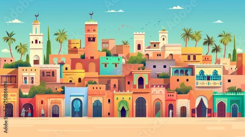 Poster with Moroccan buildings and architecture on vertical card background. Abstract ancient Arab city and Marrakesh and Medina gates. Berber wall art, decor. Colored flat modern illustrations.