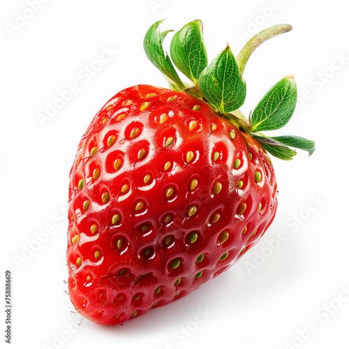 Ripe strawberry with vibrant green leaves isolated on white background with ample copy space, ideal for food and nutrition themes