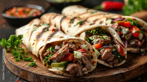 Delicious Greek gyros wrapped in pita bread. Shawarma, grilled pita on dark background. With fresh meat and vegetables. 