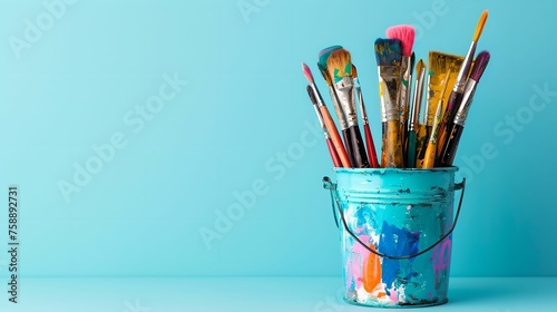 Paint Bucket with Brushes on Blue Background, isolated, single, art, tools